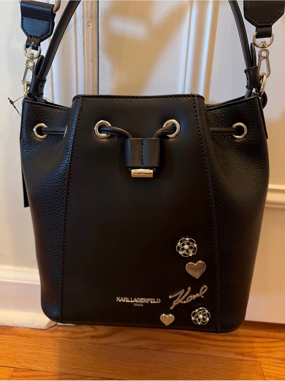 Karl Lagerfeld Black Leather Bucket Bag with Logo Charms - Picture 7 of 9